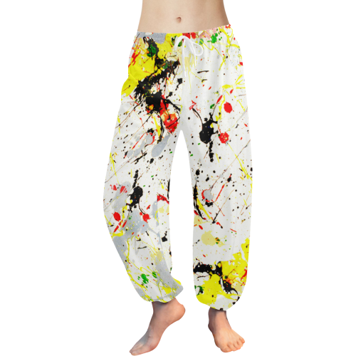 Yellow & Black Paint Splatter Women's All Over Print Harem Pants (Model L18)