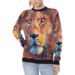 lion art #lion #animals #cat Women's Rib Cuff Crew Neck Sweatshirt (Model H34)