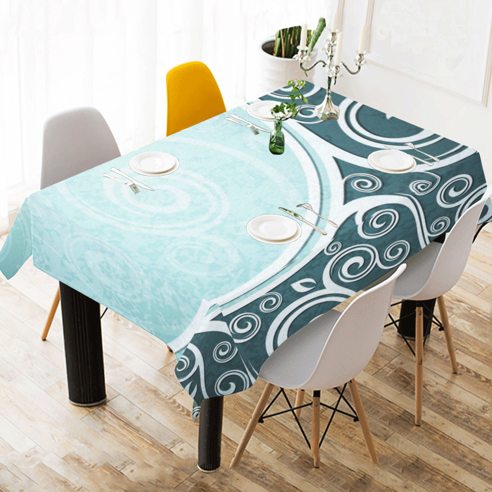 Abstract-Vintage-Floral-Blue Cotton Linen Tablecloth 60" x 90"