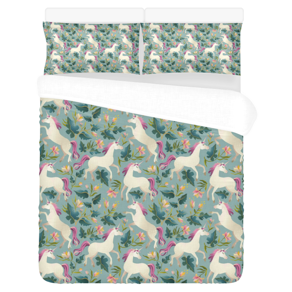 Floral Unicorn Pattern 3-Piece Bedding Set