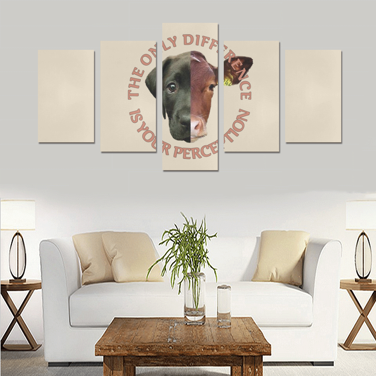 Vegan Cow and Dog Design with Slogan Canvas Print Sets C (No Frame)