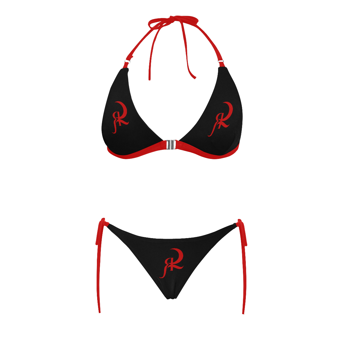 RED QUEEN SYMBOL RED & BLACK RED LINING Buckle Front Halter Bikini Swimsuit (Model S08)