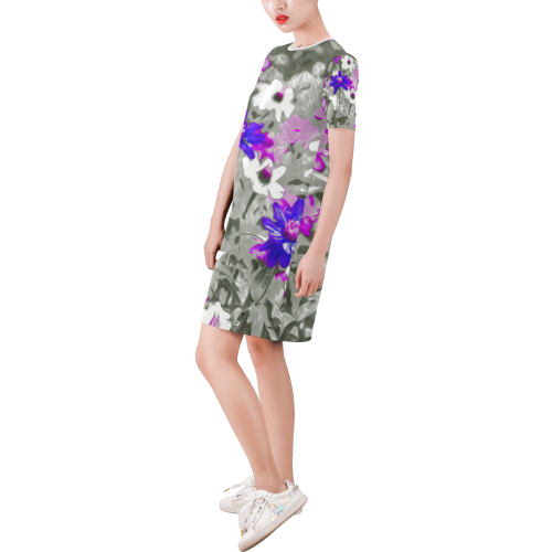 Flowers, black,white and splash C by JamColors Short-Sleeve Round Neck A-Line Dress (Model D47)