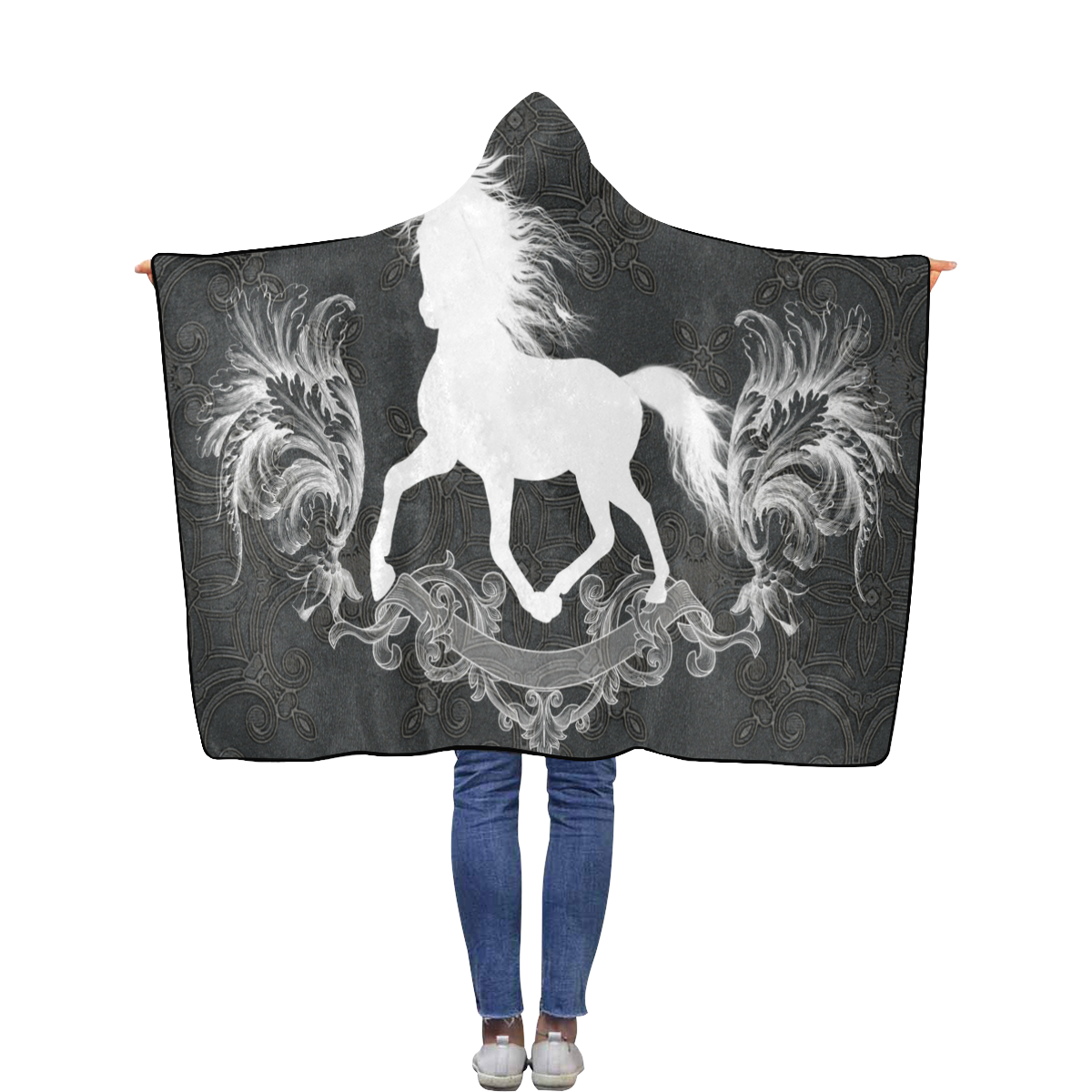Horse, black and white Flannel Hooded Blanket 40''x50''