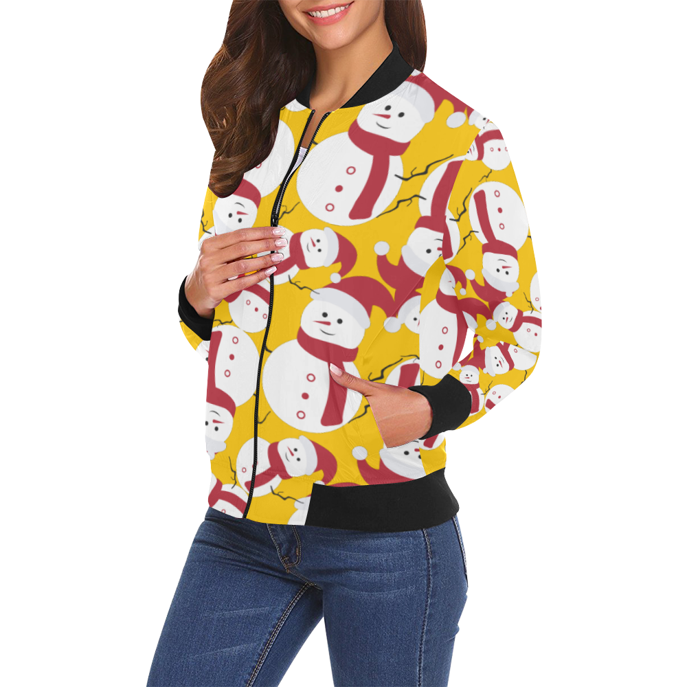 Snowman CHRISTMAS Pattern YELLOW All Over Print Bomber Jacket for Women (Model H19)