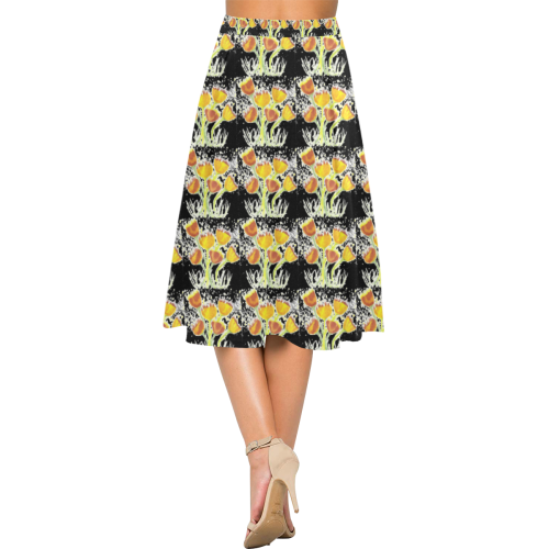 Black Crepe Skirt With Yellow Poppies Aoede Crepe Skirt (Model D16)
