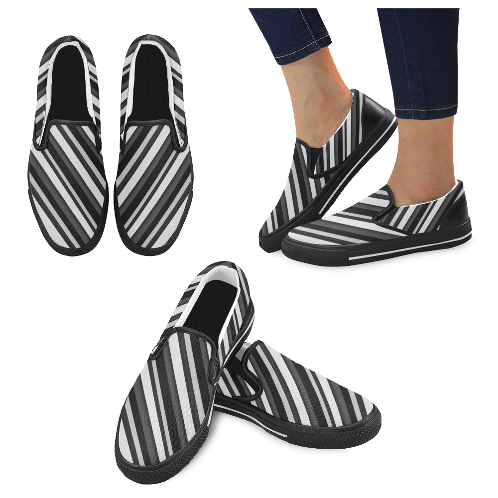 Black, Grey and White Pimpstrip Design By Me by Doris Clay-Kersey Men's Unusual Slip-on Canvas Shoes (Model 019)