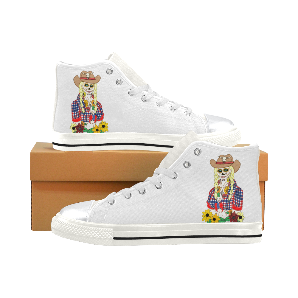 Cowgirl Sugar Skull White High Top Canvas Women's Shoes/Large Size (Model 017)