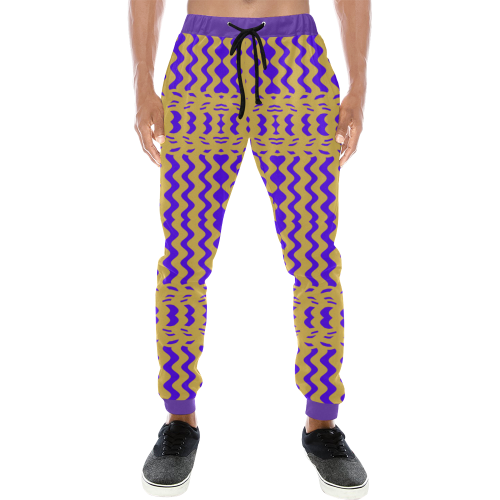 Purple Yellow Modern  Waves Lines Men's All Over Print Sweatpants (Model L11)