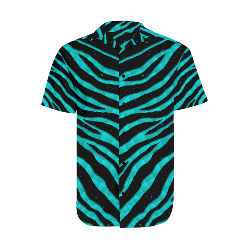 Ripped SpaceTime Stripes - Cyan Men's Short Sleeve Shirt with Lapel Collar (Model T54)