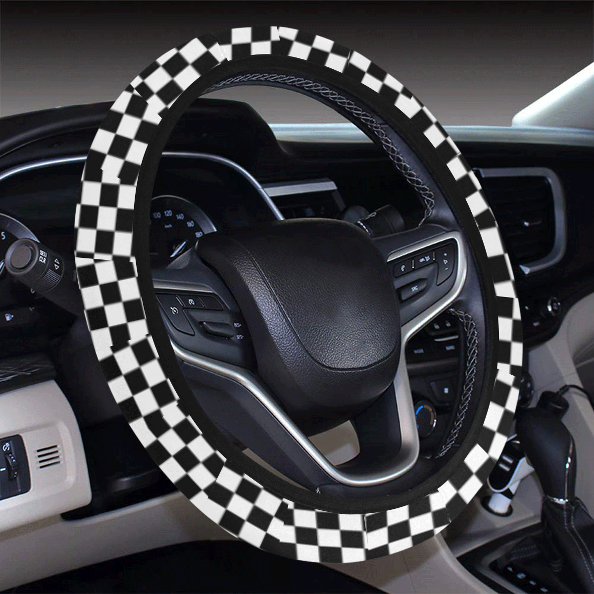 Checkerboard Black And White Steering Wheel Cover with Elastic Edge
