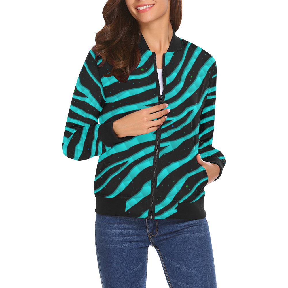 Ripped SpaceTime Stripes - Cyan All Over Print Bomber Jacket for Women (Model H19)