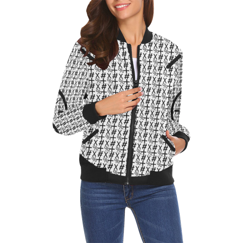 NUMBERS Collection Symbols Circle + x Black/Black/White All Over Print Bomber Jacket for Women (Model H19)