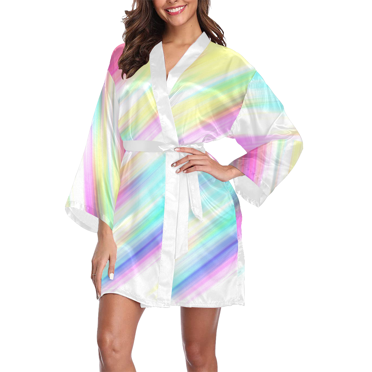 Rainbow Stripe Abstract Long Sleeve Kimono Robe