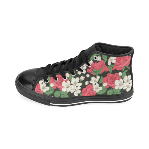 Pink, White and Black Floral High Top Canvas Women's Shoes/Large Size (Model 017)