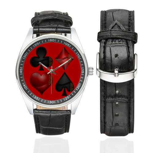 Las Vegas Black and Red Casino Poker Card Shapes (Red) Men's Casual Leather Strap Watch(Model 211)