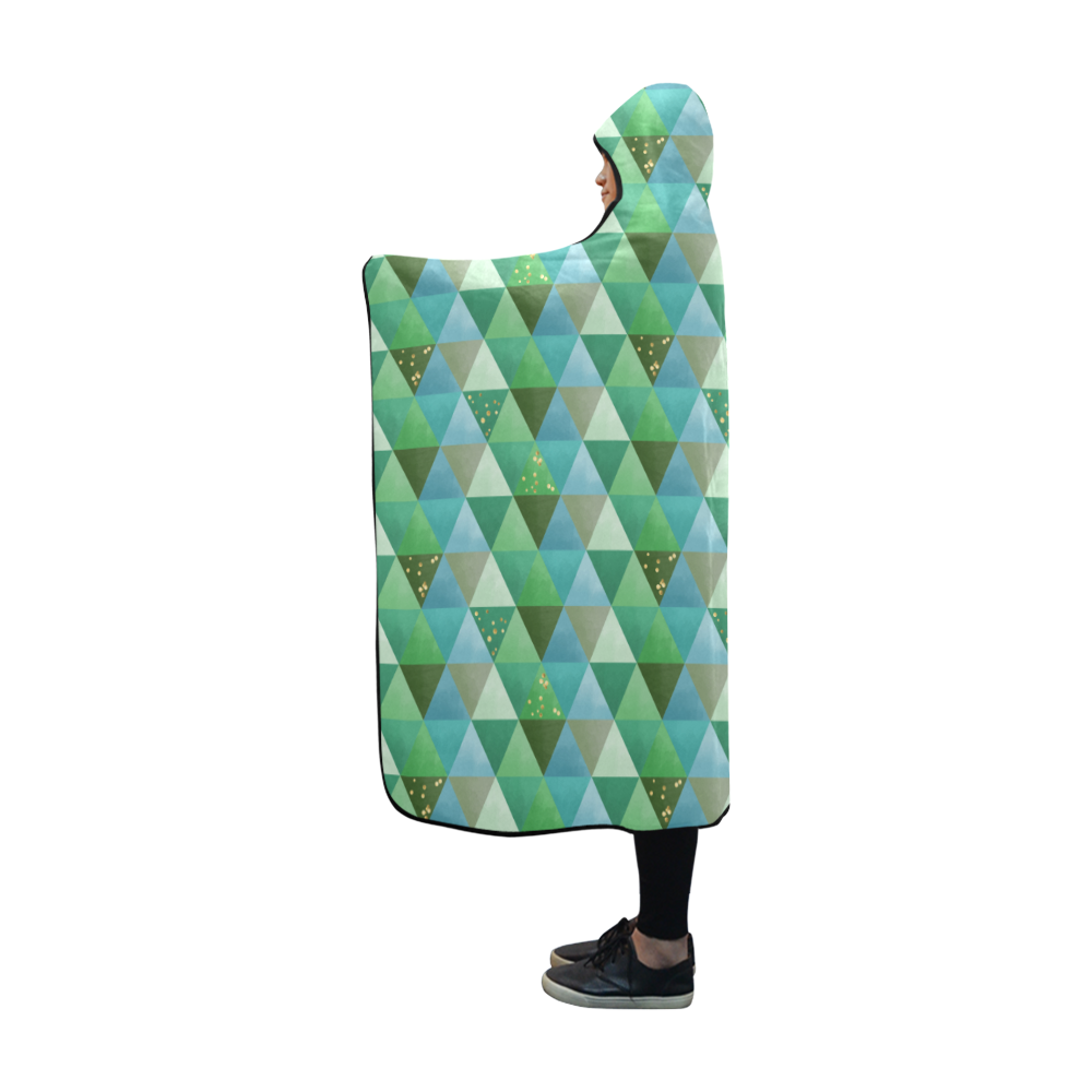 Triangle Pattern - Green Teal Khaki Moss Hooded Blanket 60''x50''