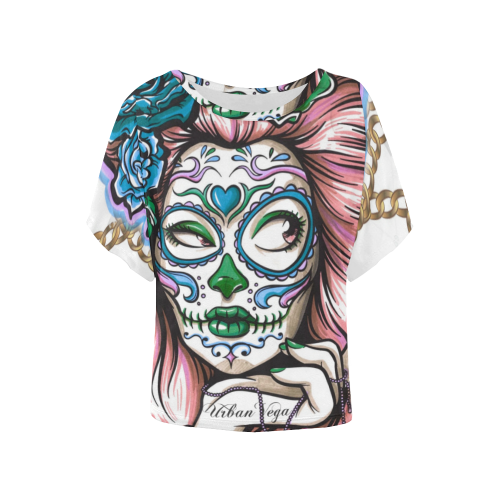 Woman sugar skull Women's Batwing-Sleeved Blouse T shirt (Model T44)