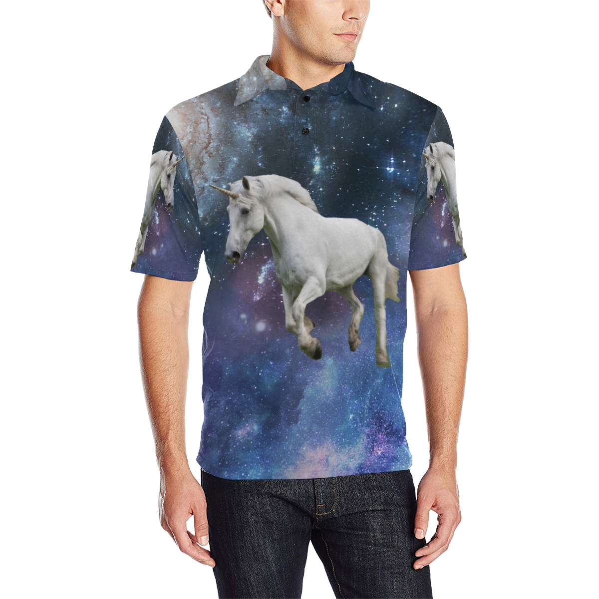 Unicorn and Space Men's All Over Print Polo Shirt (Model T55)