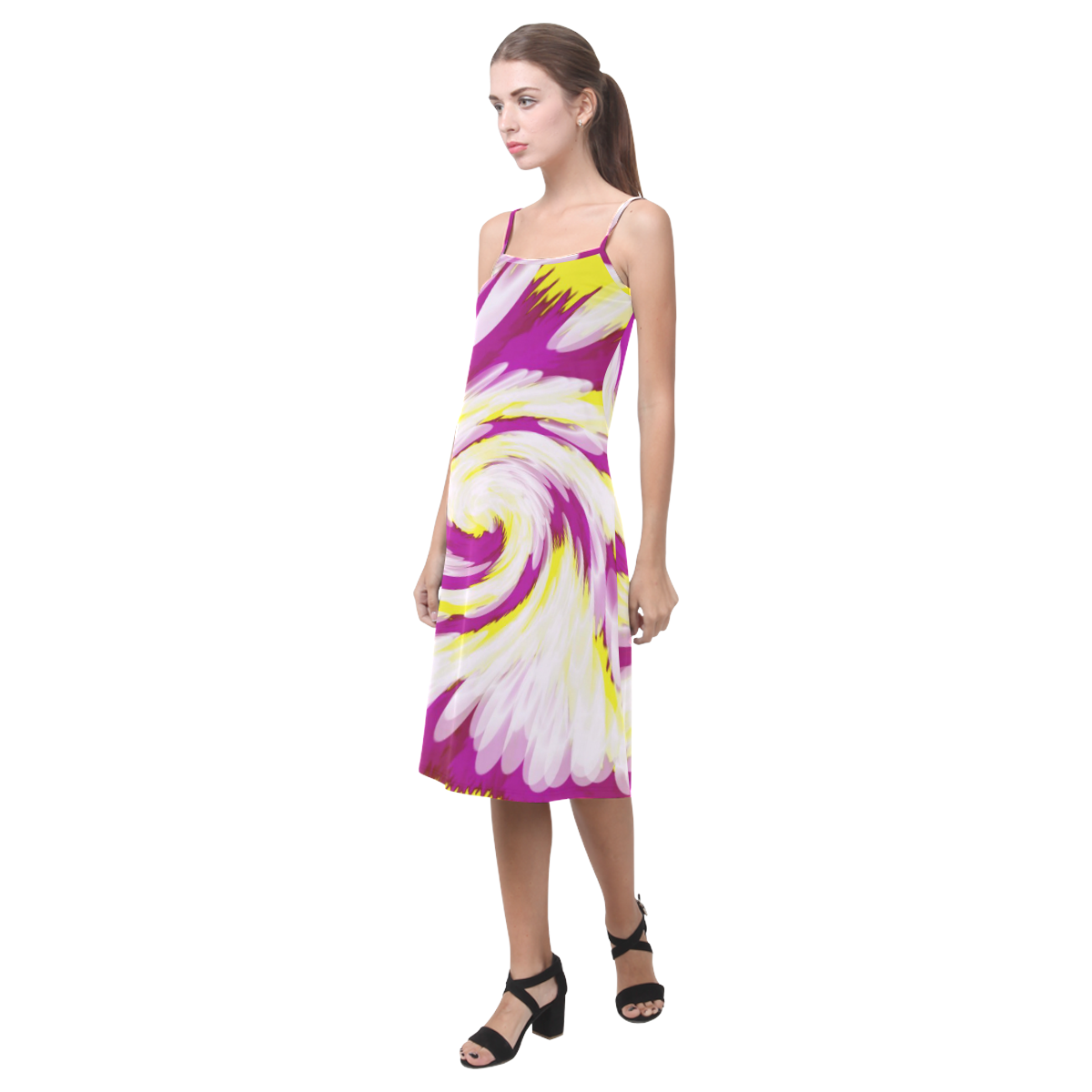 Pink Yellow Tie Dye Swirl Abstract Alcestis Slip Dress (Model D05)