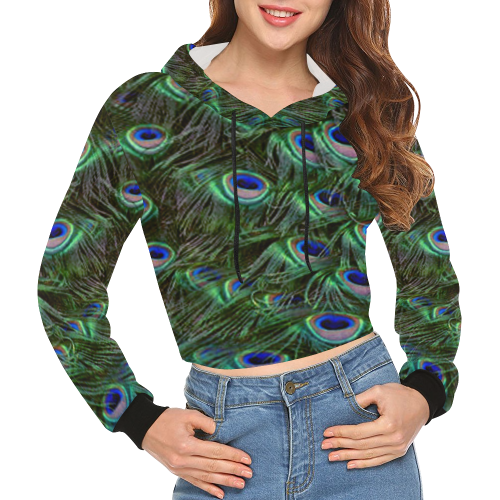 Peacock Feathers All Over Print Crop Hoodie for Women (Model H22)