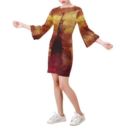 Lady Liberty Yellow Red Stars Bell Sleeve Dress (Model D52)