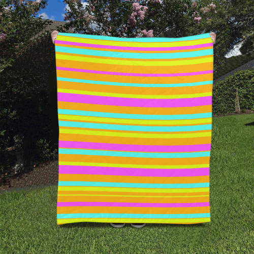 Neon Stripes  Tangerine Turquoise Yellow Pink Quilt 50"x60"