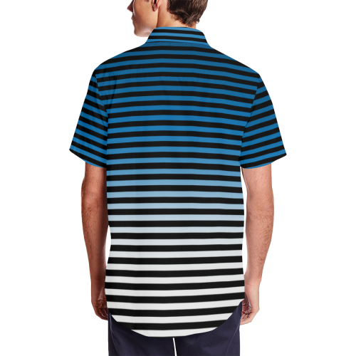 Stripes Fade Blue, Black Men's Short Sleeve Shirt with Lapel Collar (Model T54)