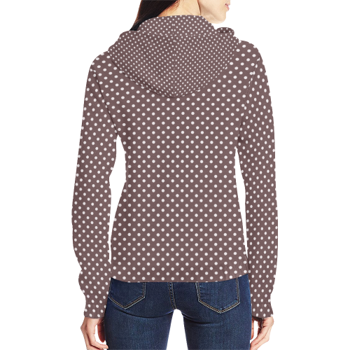 Chocolate brown polka dots All Over Print Full Zip Hoodie for Women (Model H14)