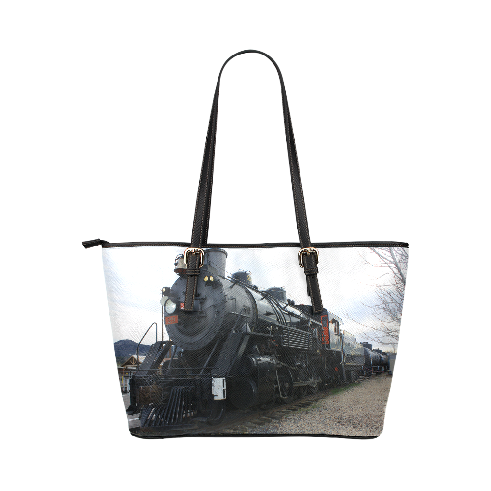 Railroad Vintage Steam Engine on Train Tracks Leather Tote Bag/Large (Model 1651)