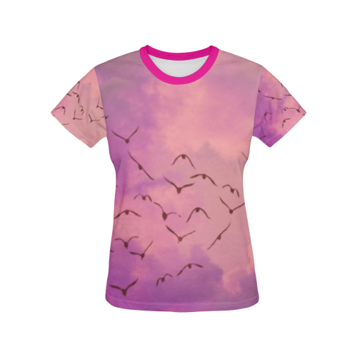 Trendy Birds, pink by JamColors All Over Print T-shirt for Women/Large Size (USA Size) (Model T40)