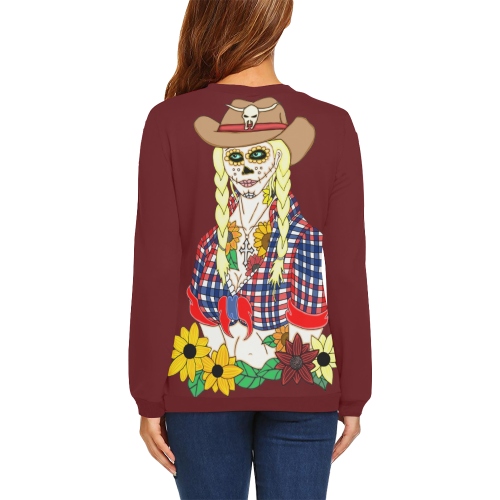 Cowgirl Sugar Skull Burgundy All Over Print Crewneck Sweatshirt for Women (Model H18)