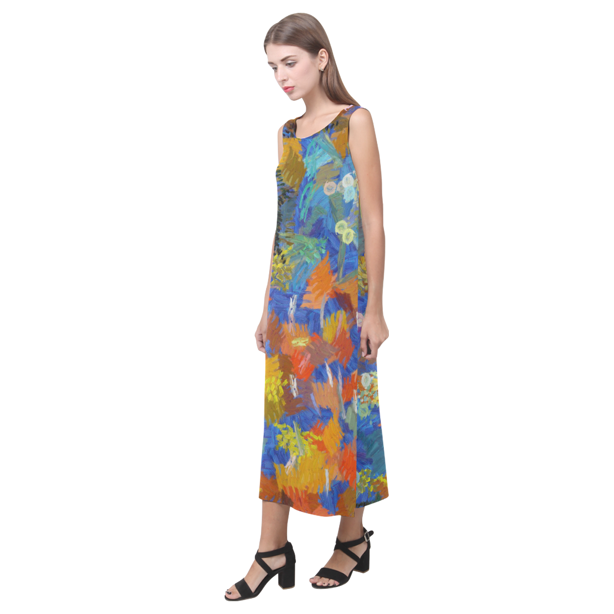 Colorful paint strokes Phaedra Sleeveless Open Fork Long Dress (Model D08)