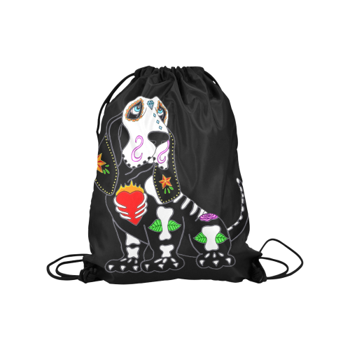 Basset Hound Sugar Skull Black Medium Drawstring Bag Model 1604 (Twin Sides) 13.8"(W) * 18.1"(H)