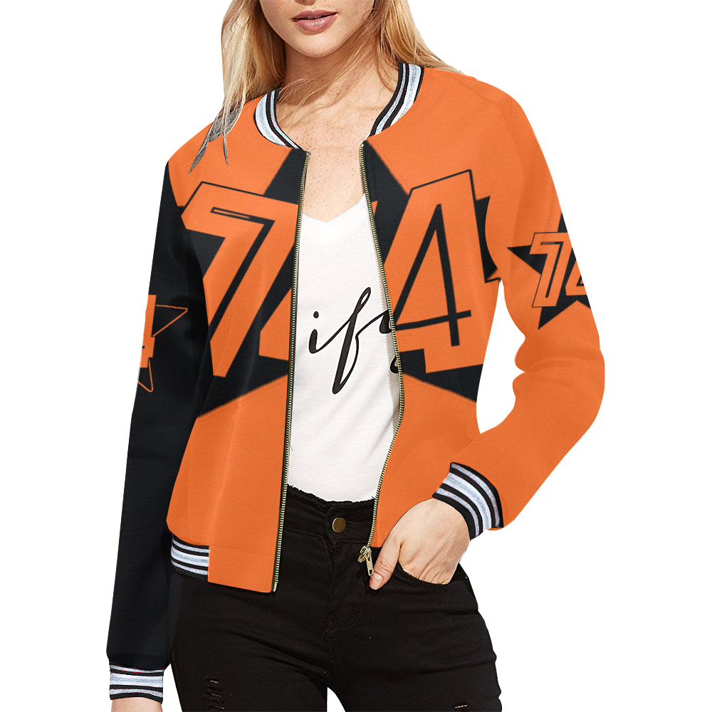 Dundealent 5 stars I Orange /Black R All Over Print Bomber Jacket for Women (Model H21)