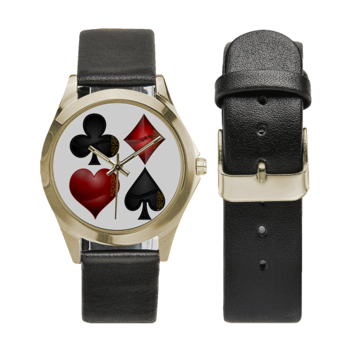 Las Vegas Black and Red Casino Poker Card Shapes (White) Unisex Silver-Tone Round Leather Watch (Model 216)