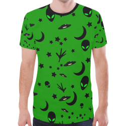 Alien Flying Saucers Stars Pattern on Green New All Over Print T-shirt for Men/Large Size (Model T45)