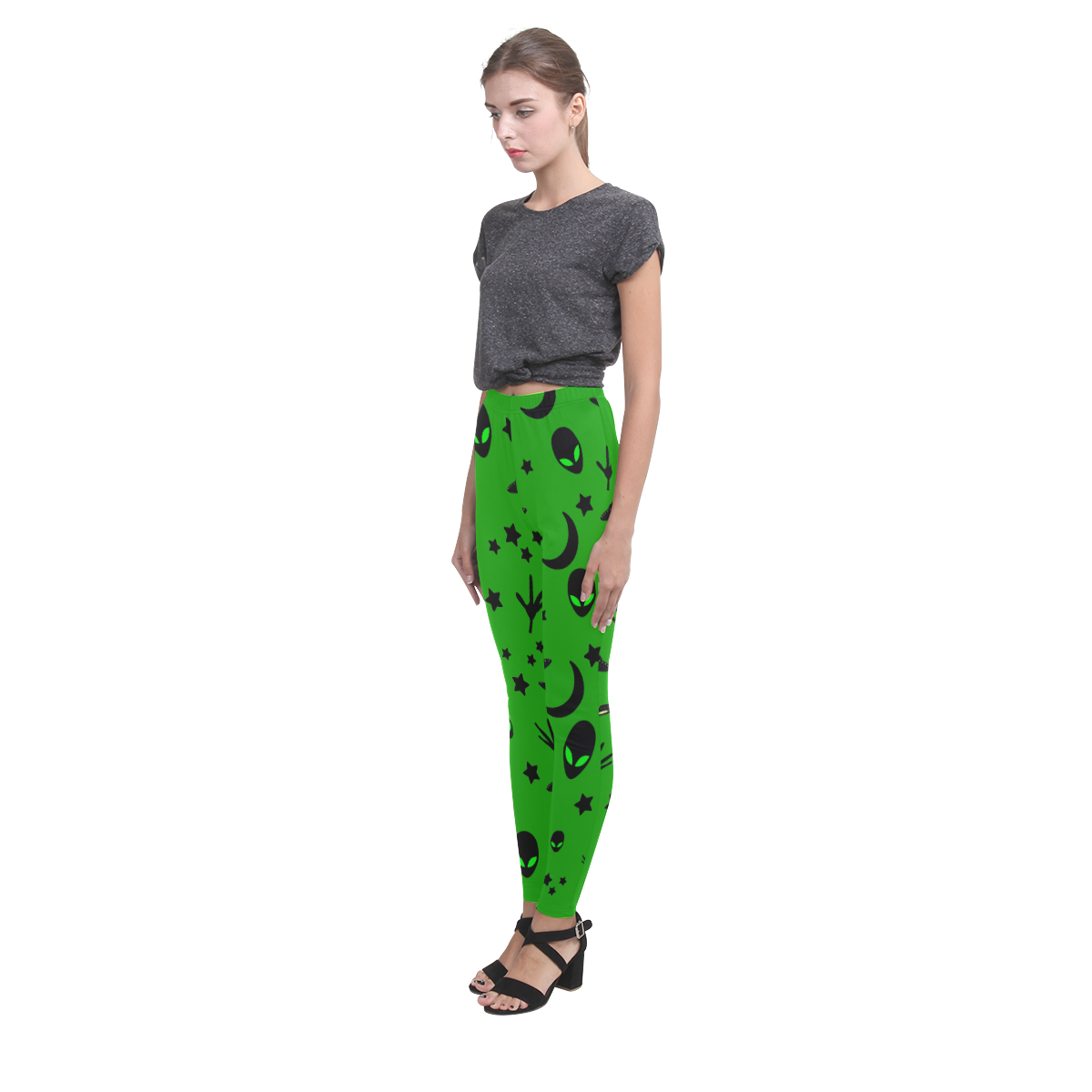 Alien Flying Saucers Stars Pattern on Green Cassandra Women's Leggings (Model L01)