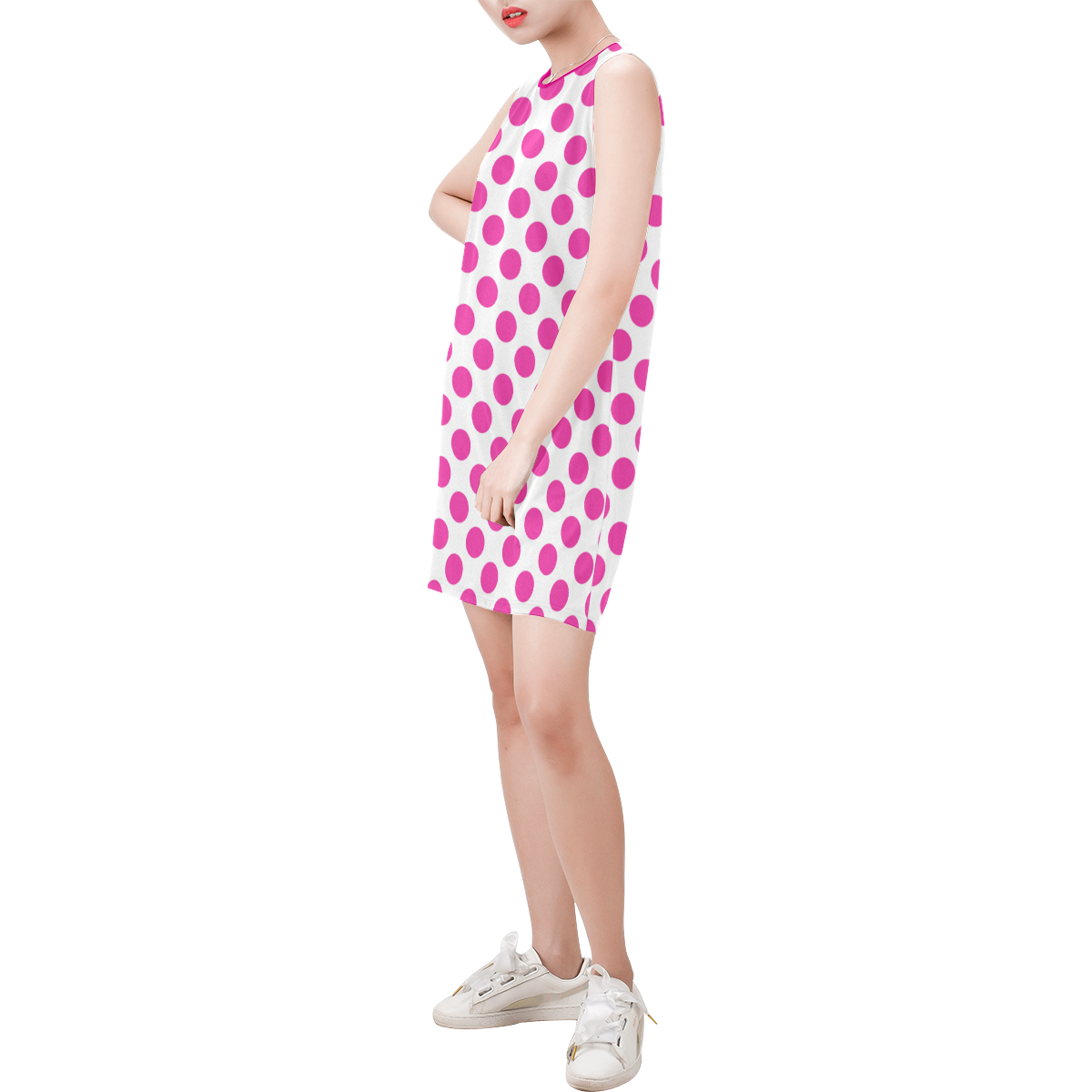 Pink Polka Dots on White Sleeveless Round Neck Shift Dress (Model D51)