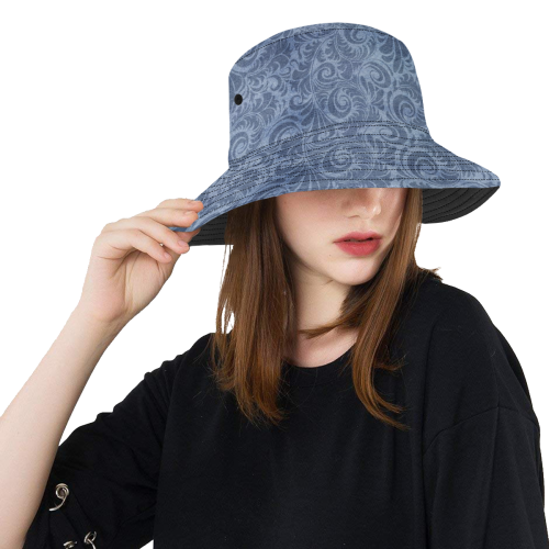 Denim with vintage floral pattern, blue boho All Over Print Bucket Hat