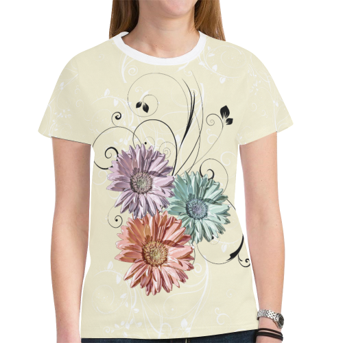 Flowers on Yellow New All Over Print T-shirt for Women (Model T45)