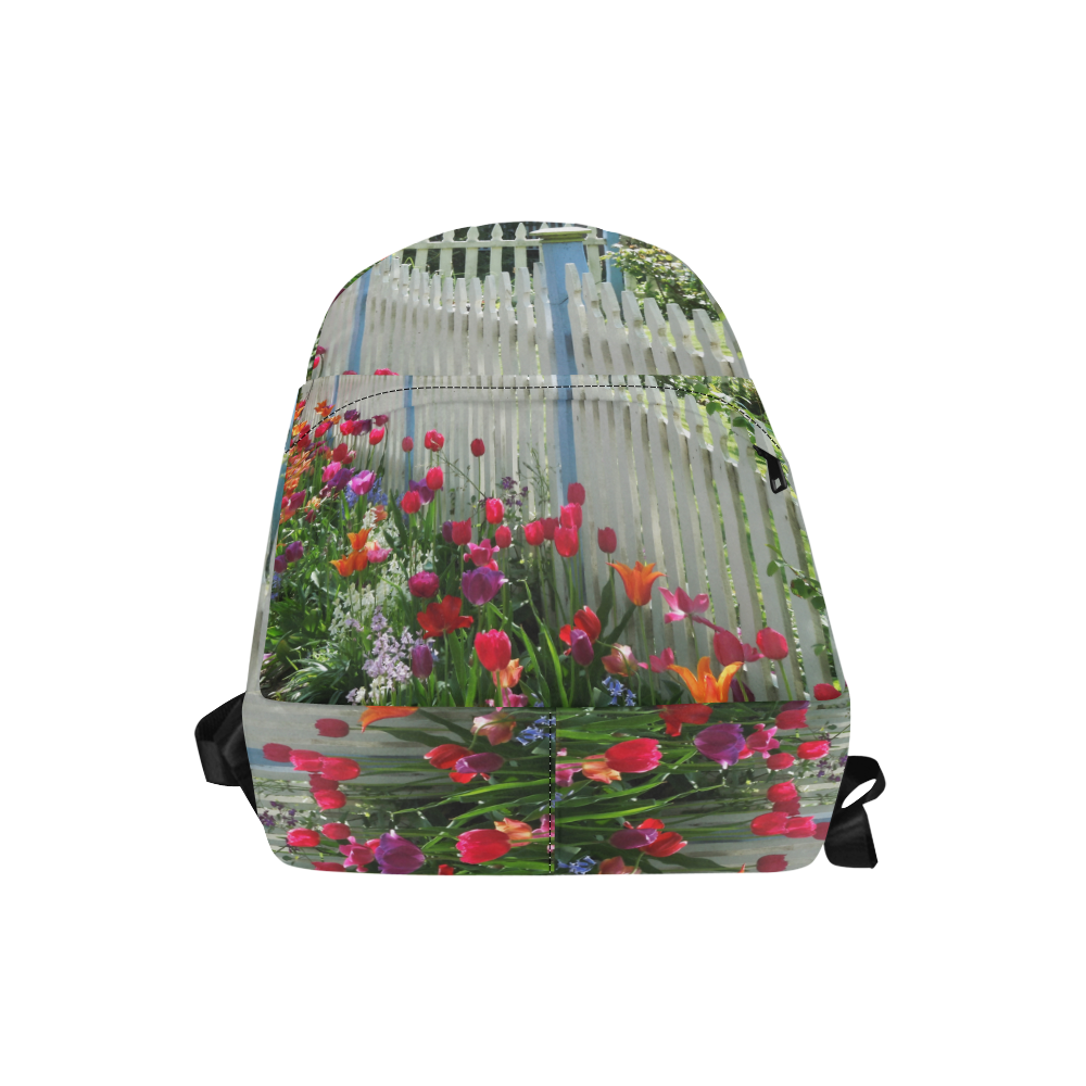 Tulips Garden Along White Picket Fence Floral Photography unisex backpack Unisex Classic Backpack (Model 1673)