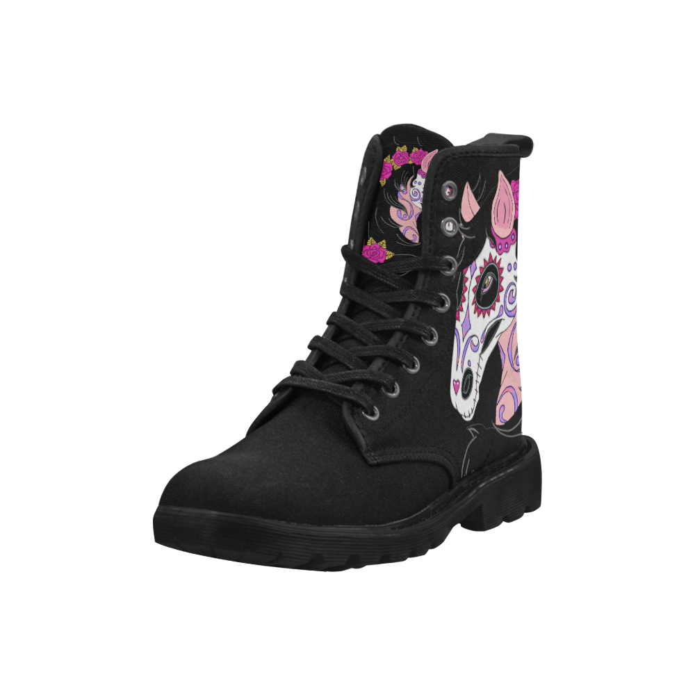 Sugar Skull Horse Pink Roses Black Martin Boots for Women (Black) (Model 1203H)