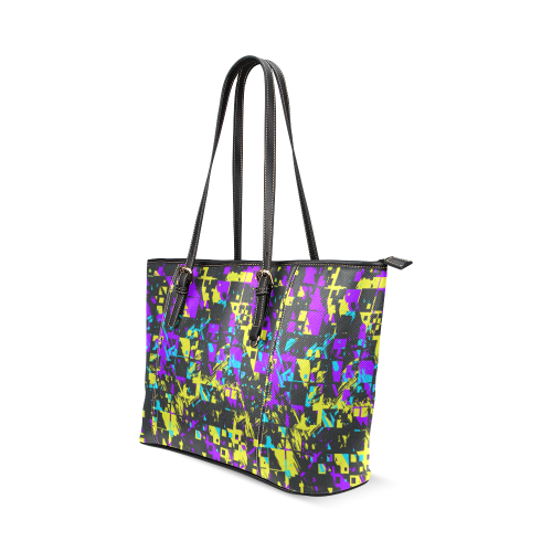 Purple yelllow squares Leather Tote Bag/Large (Model 1640)