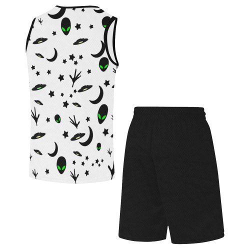 Alien Flying Saucers Stars Pattern on White/Black All Over Print Basketball Uniform