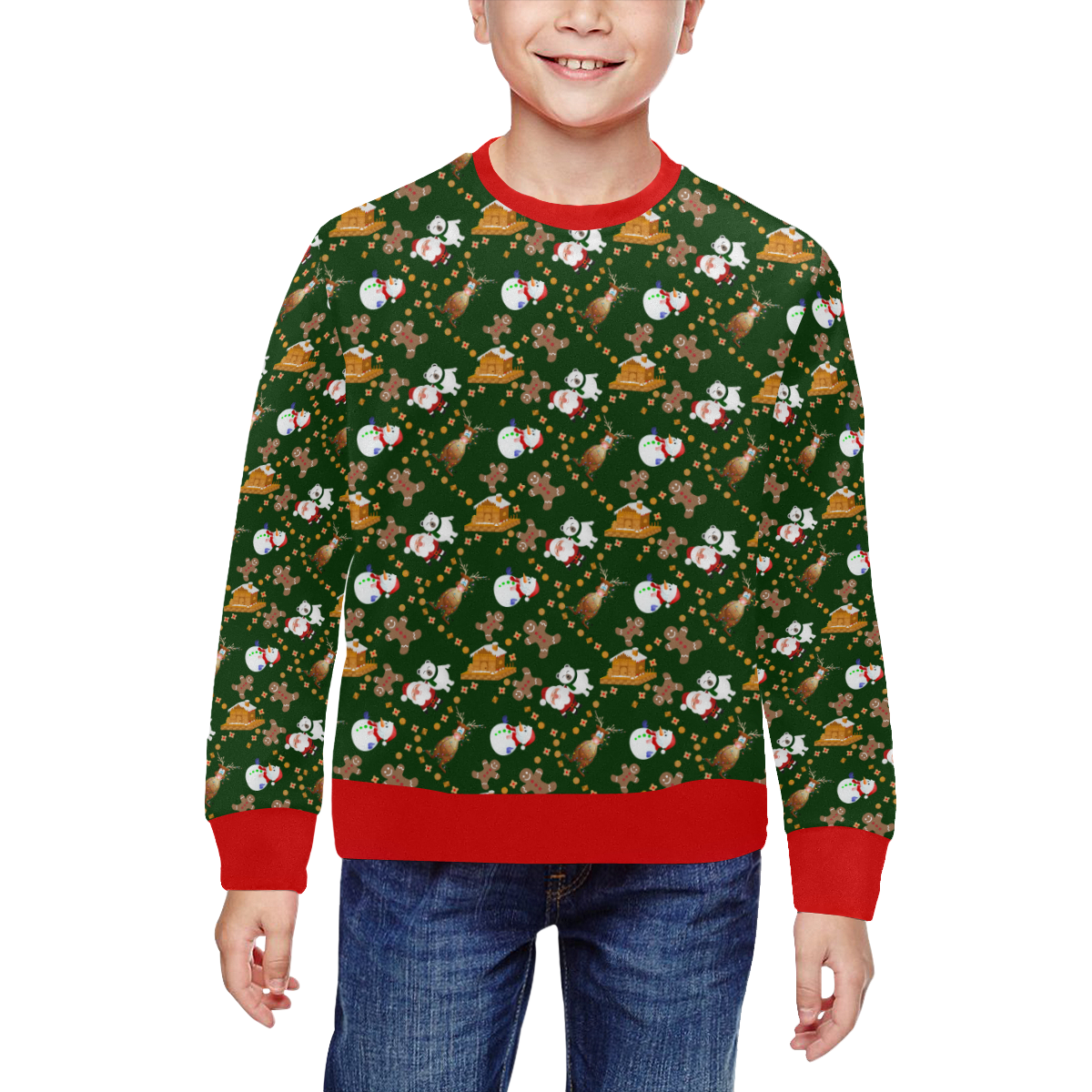 Christmas Gingerbread, Snowman, Reindeer and Santa Green All Over Print Crewneck Sweatshirt for Kids (Model H29)