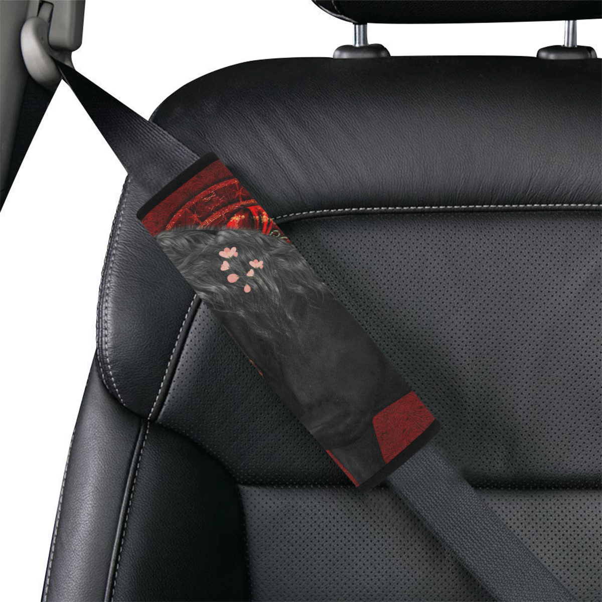 Black horse with flowers Car Seat Belt Cover 7''x8.5''