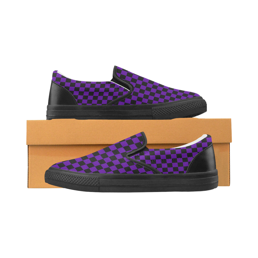 Checkerboard Black and Purple Slip-on Canvas Shoes for Men/Large Size (Model 019)
