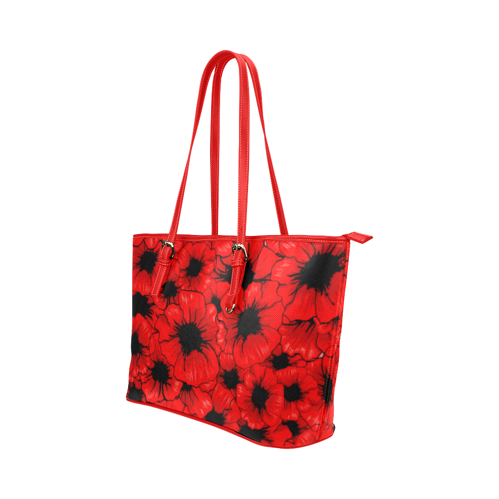 Red Hibiscus Leather Tote Bag/Small (Model 1651)
