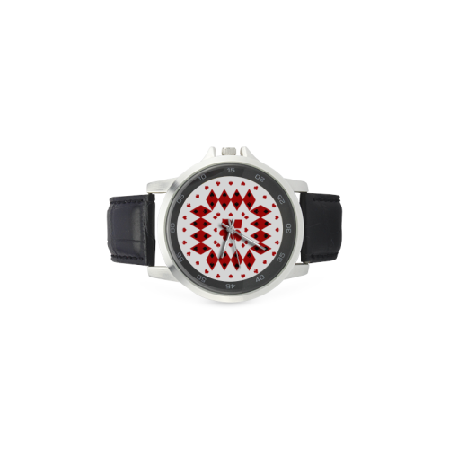 Black and Red Playing Card Shapes Round on White Unisex Stainless Steel Leather Strap Watch(Model 202)